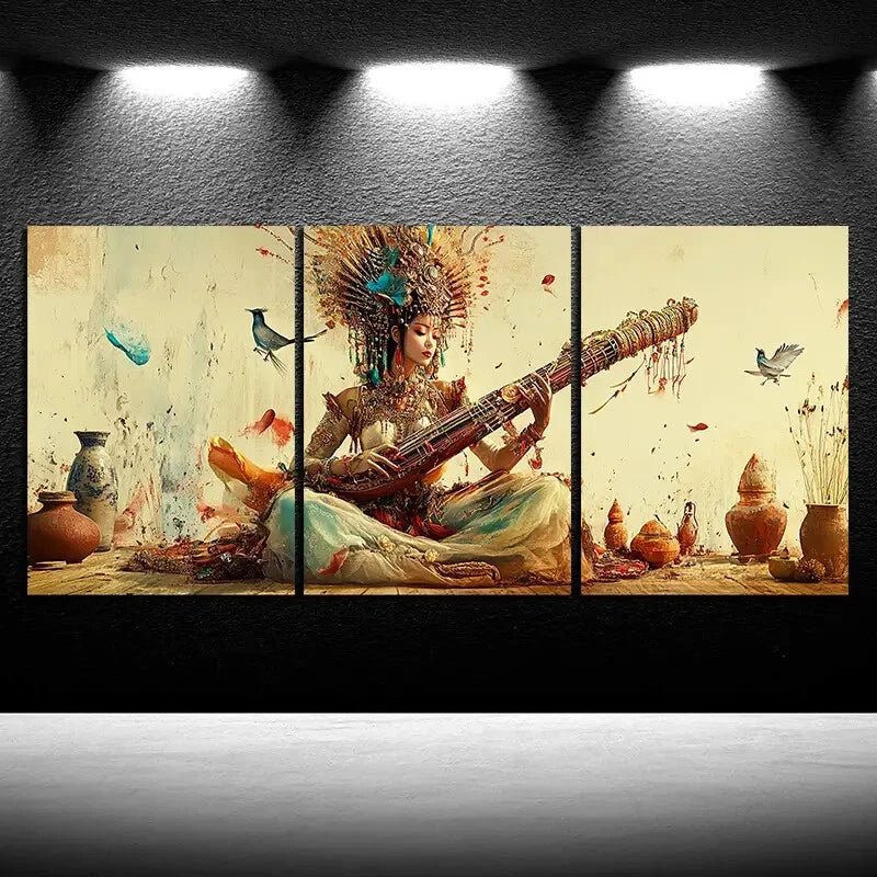 3pcs A Woman Playing An Instrument Modern Print Ready to Hang Art - Bella Home Decor