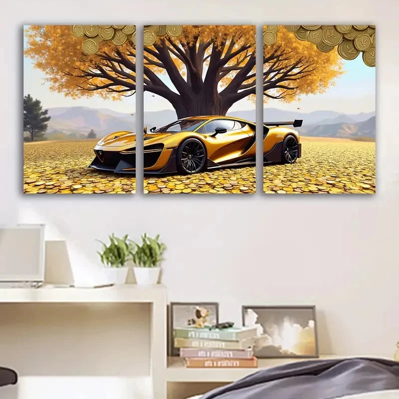 3pcs The Car Stopped Under The Tree Wall Art Set Canvas Framed 60x90cm - High Quality Print 100% Australian Made Wall Canvas Ready to Hang
