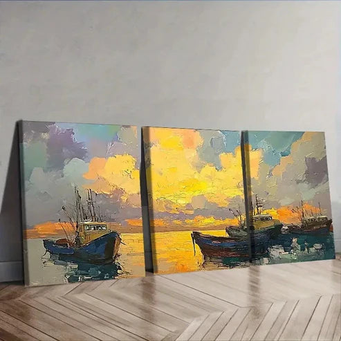 3pcs Oil painting of boats at the dock Wall Art Set Canvas Unframed - High Quality Print 100% Australian Made Wall Canvas - Bella Home Decor