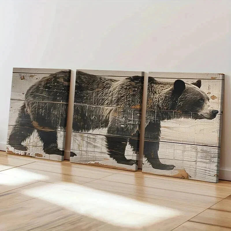 3pcs Bear Farmhouse Style Vintage Wall Art Set Canvas Framed 50x70cm - High Quality Print 100% Australian Made Wall Canvas Ready to Hang - Bella Home Decor