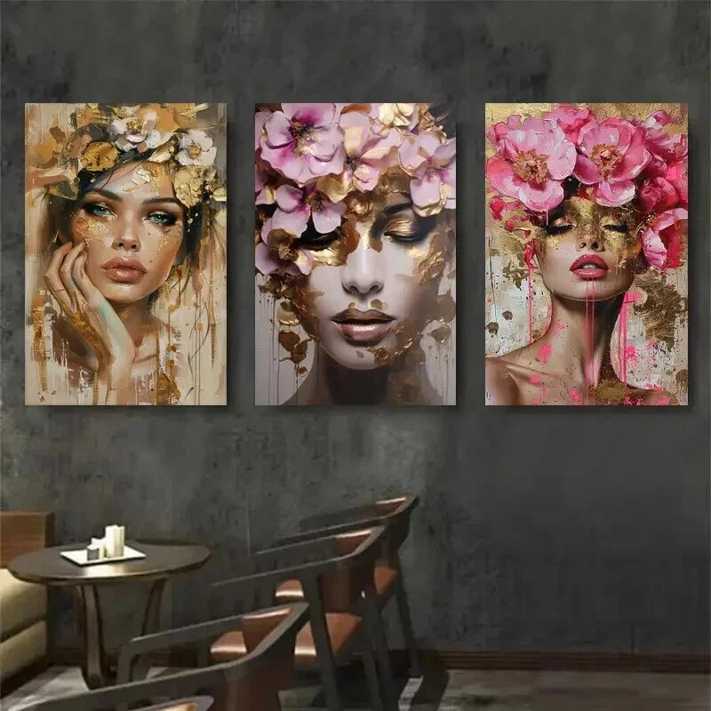 3pcs Floral Crown Woman Pcortrait Elegant Perfect Wall Art Set Canvas Framed 50x70cm - High Quality Print 100% Australian Made Wall Canvas Ready to Hang - Bella Home Decor