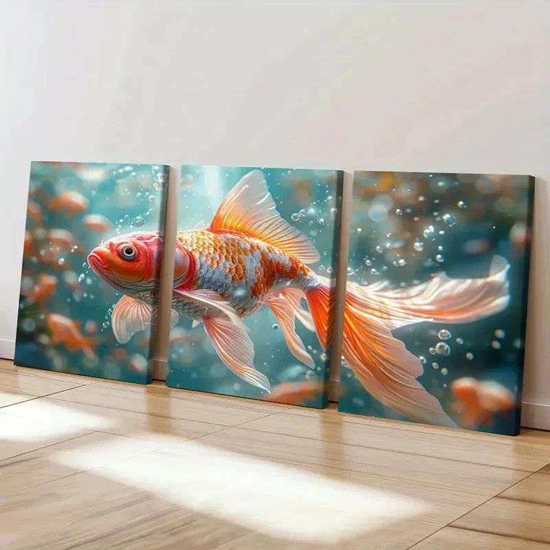 3pcs Animal Art Fish Beautiful Goldfish Wall Art Set Canvas Framed 60x90cm - High Quality Print 100% Australian Made Wall Canvas Ready to Hang - Bella Home Decor
