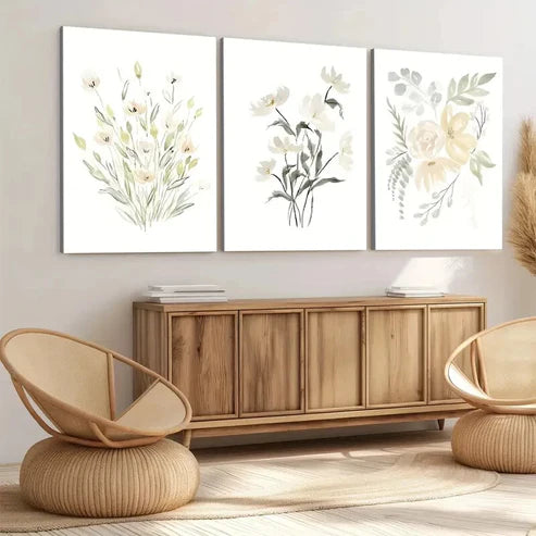 3pcs Flowers Green Leaves Wild Plants Yellow Wall Art Set Canvas Unframed - High Quality Print 100% Australian Made Wall Canvas - Bella Home Decor