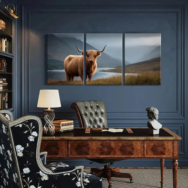 3pcs Highland Cow Mountain Landscape Art Scenery Metal Print Ready to Hang Art - Bella Home Decor