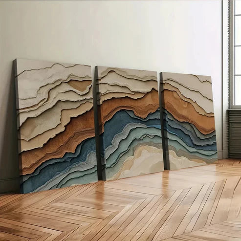 3pcs Abstract Earth Tones Blue Wave Brown Gray Art Set Canvas Unframed - High Quality Print 100% Australian Made Wall Canvas - Bella Home Decor