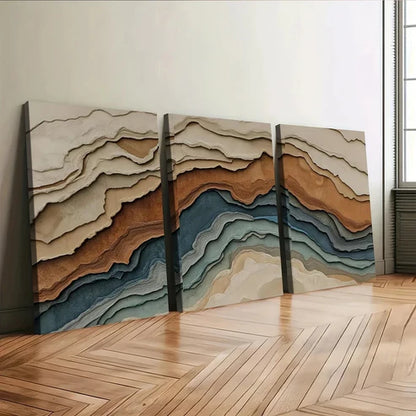 3pcs Abstract Earth Tones Blue Wave Brown Gray Art Set Canvas Unframed - High Quality Print 100% Australian Made Wall Canvas - Bella Home Decor