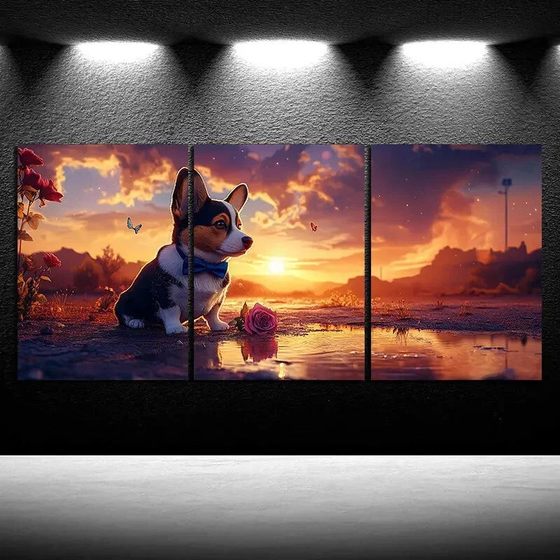 3pcs Corgi Dog with Bow Tie Nature Metal Print Ready to Hang Art - Bella Home Decor