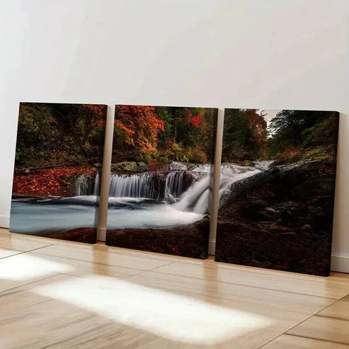 3pcs Forest Stream Waterfall & Red Floral  Wall Art Set Canvas Unframed - High Quality Print 100% Australian Made Wall Canvas - Bella Home Decor