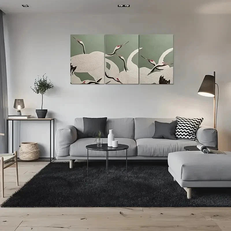 3pcs White Birds on Green Background Metal Print Ready to Hang Art