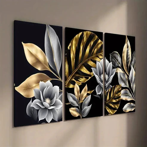 3pcs Golden Plant Leaves Floral Wall Art Set Canvas Unframed - High Quality Print 100% Australian Made Wall Canvas - Bella Home Decor