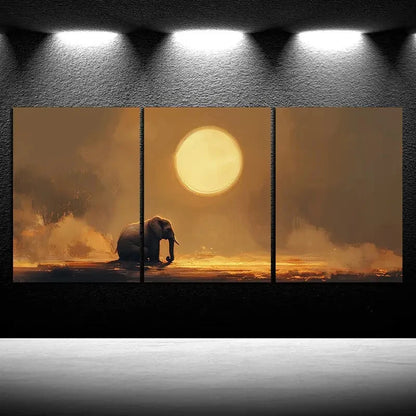 3pcs The Elephant Under The Moon Metal Print Ready to Hang Art