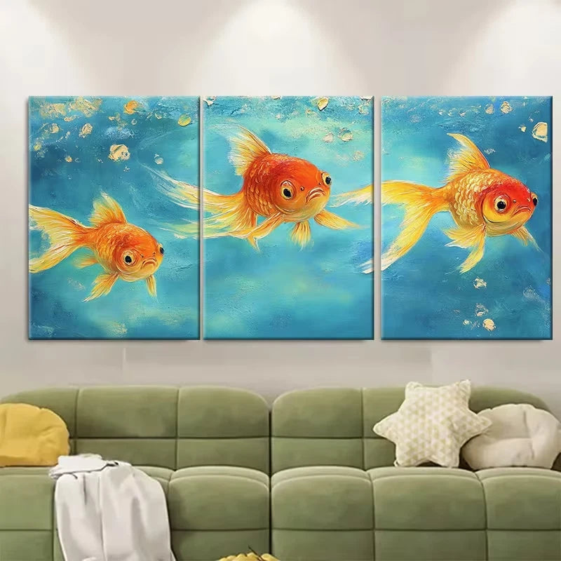 3pcs Goldfish Oil Painting Fish Impasto Metal Print Ready to Hang Art - Bella Home Decor