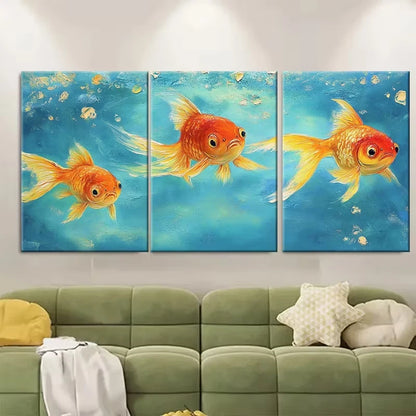 3pcs Goldfish Oil Painting Fish Impasto Metal Print Ready to Hang Art - Bella Home Decor