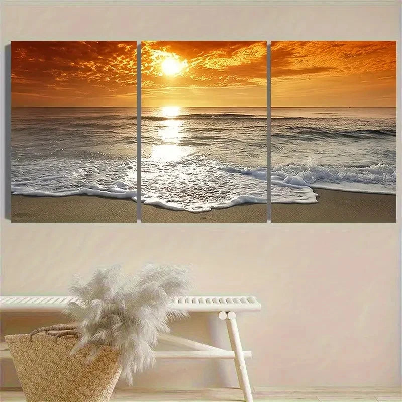 3pcs Ocean Sunset Panorama Wall Art Set Canvas Framed 40x60cm - High Quality Print 100% Australian Made Wall Canvas Ready to Hang
