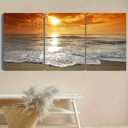 3pcs Ocean Sunset Panorama Wall Art Set Canvas Framed 40x60cm - High Quality Print 100% Australian Made Wall Canvas Ready to Hang