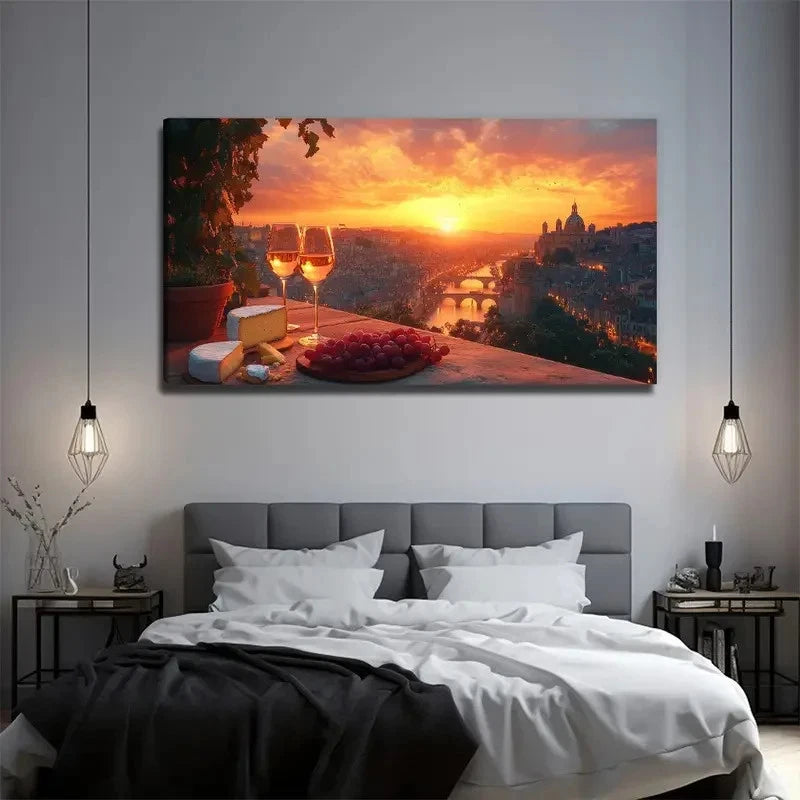 Sunset Wine Painting Wall Art Canvas Office Home Room Framed 120x60cm