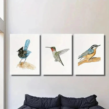 3pcs Blue & Black Bird Illustrations Wall Art Canvas Unframed - High Quality Print 100% Australian Made Wall Canvas - Bella Home Decor