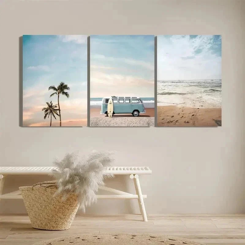 3pcs Turquoise Trucks Palm Trees Perfect Wall Art Set Canvas Framed 50x70cm - High Quality Print 100% Australian Made Wall Canvas Ready to Hang