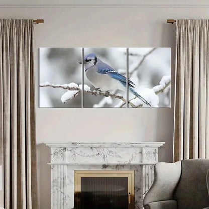 3pcs Blue Bird On A Branch Snowy Scene Wall Art Set Canvas Framed 40x60cm - High Quality Print 100% Australian Made Wall Canvas Ready to Hang - Bella Home Decor