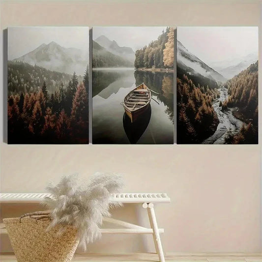3pcs Forest and Mountain Ranges Paintings Metal Print Ready to Hang Art