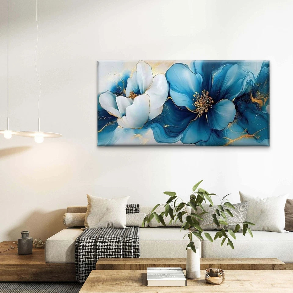 Abstract Blue And White Floral Wall Art Canvas Office Home Room Framed 120x60cm