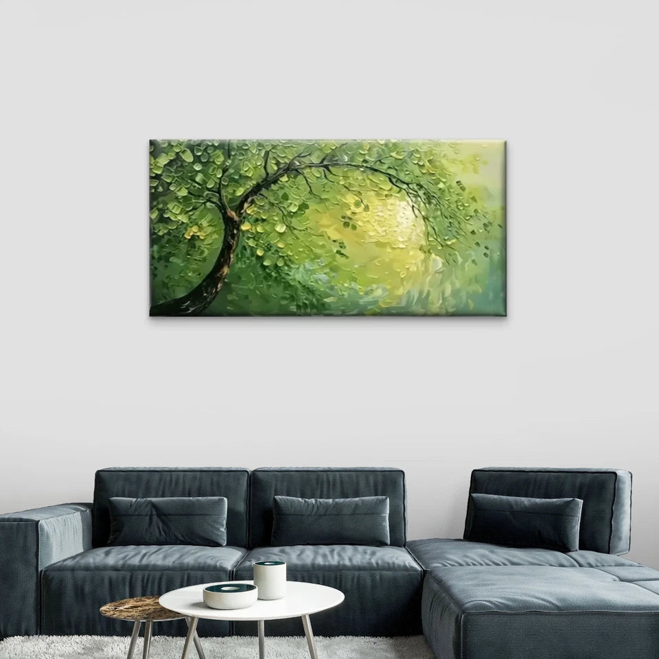 Green Leafy Tree Abstract Wall Art Canvas Office Home Room Framed 120x60cm.