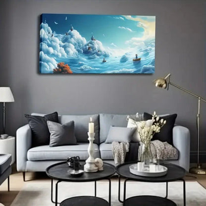 Whimsical Cloud-Stacking Island Wall Art Canvas Office Home Room Framed 120x60cm - Bella Home Decor