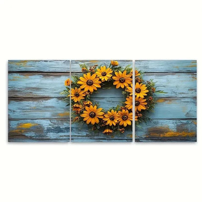 3pcs Rudbeckia Wreath Rustic Floral Y  Wall Art Set Canvas Framed 40x60cm - High Quality Print 100% Australian Made Wall Canvas Ready to Hang