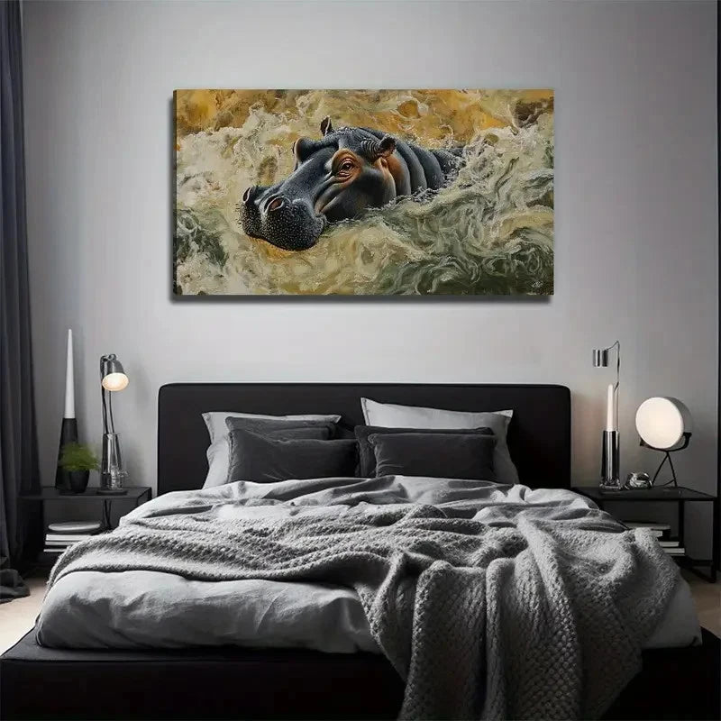 A Big Hippo Hall Suitable Wall Art Canvas Office Home Room Framed 120x60cm