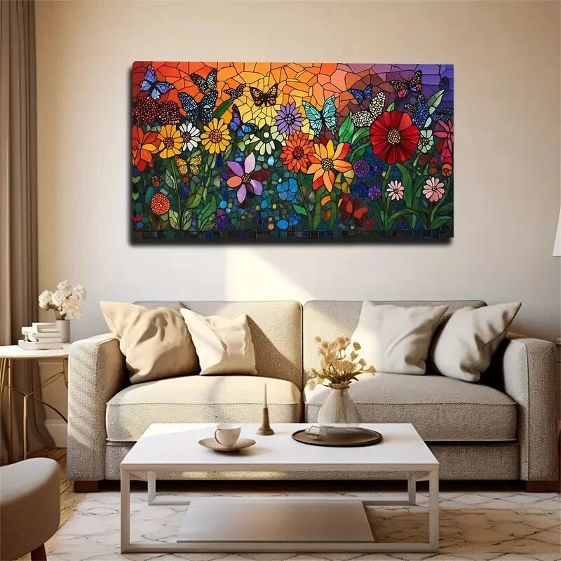 Vibrant Floral Stained Glass Wall Art Canvas Office Home Room Framed 120x60cm - Bella Home Decor