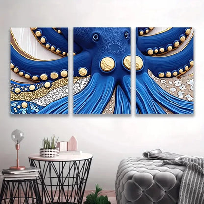 3pcs Vibrant Blue & Golden Abstract Octopus  Wall Art Set Canvas Framed 50x70cm - High Quality Print 100% Australian Made Wall Canvas Ready to Hang
