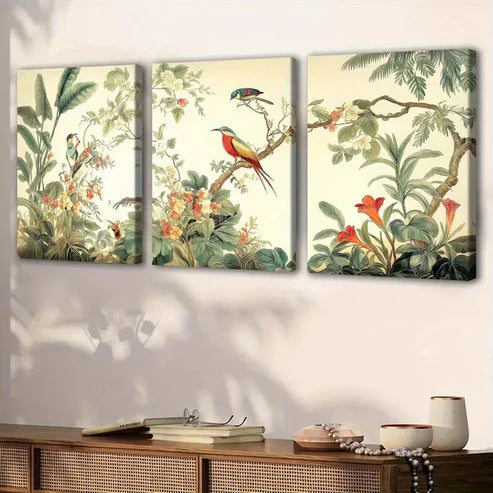 3pcs Vibrant Abstract Flowers Birds Perfect Wall Art Canvas Unframed - High Quality Print 100% Australian Made Wall Canvas