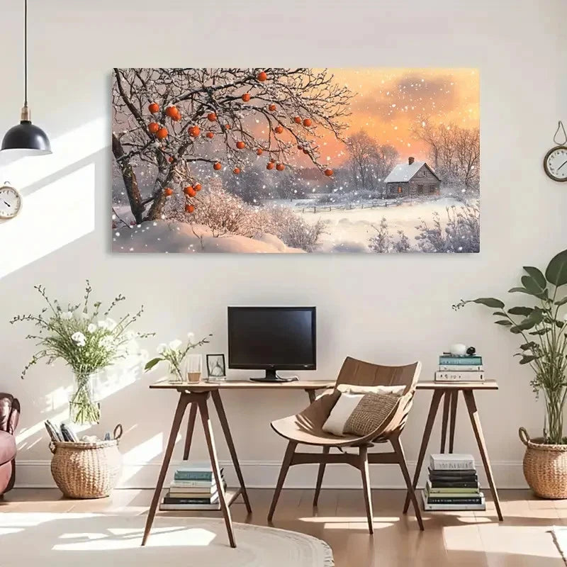 Serene Snowy Landscape Fruit Wall Art Canvas Office Home Room Framed 120x60cm