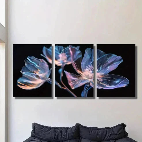 3pcs Vibrant Pink and Blue Crystal Flowers Wall Art Canvas Unframed - High Quality Print 100% Australian Made Wall Canvas