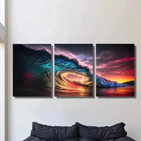 3pcs Sunset Over Colorful Stunning Waves Wall  Art Set Canvas Unframed - High Quality Print 100% Australian Made Wall Canvas