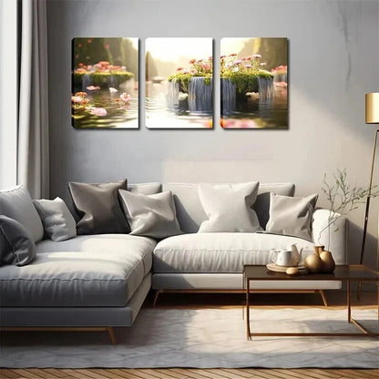 3pcs Waterfall & Green Island Décor Perfect Wall Art Set Canvas Framed 50x70cm - High Quality Print 100% Australian Made Wall Canvas Ready to Hang - Bella Home Decor