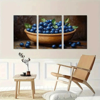 3pcs Blueberry Wooden Bowl Vibrant Perfect Wall Art Set Canvas Framed 60x90cm - High Quality Print 100% Australian Made Wall Canvas Ready to Hang - Bella Home Decor