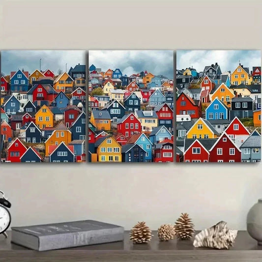 3pcs Colorful Houses Painting Decor Wall Art Set Canvas Framed 40x60cm - High Quality Print 100% Australian Made Wall Canvas Ready to Hang