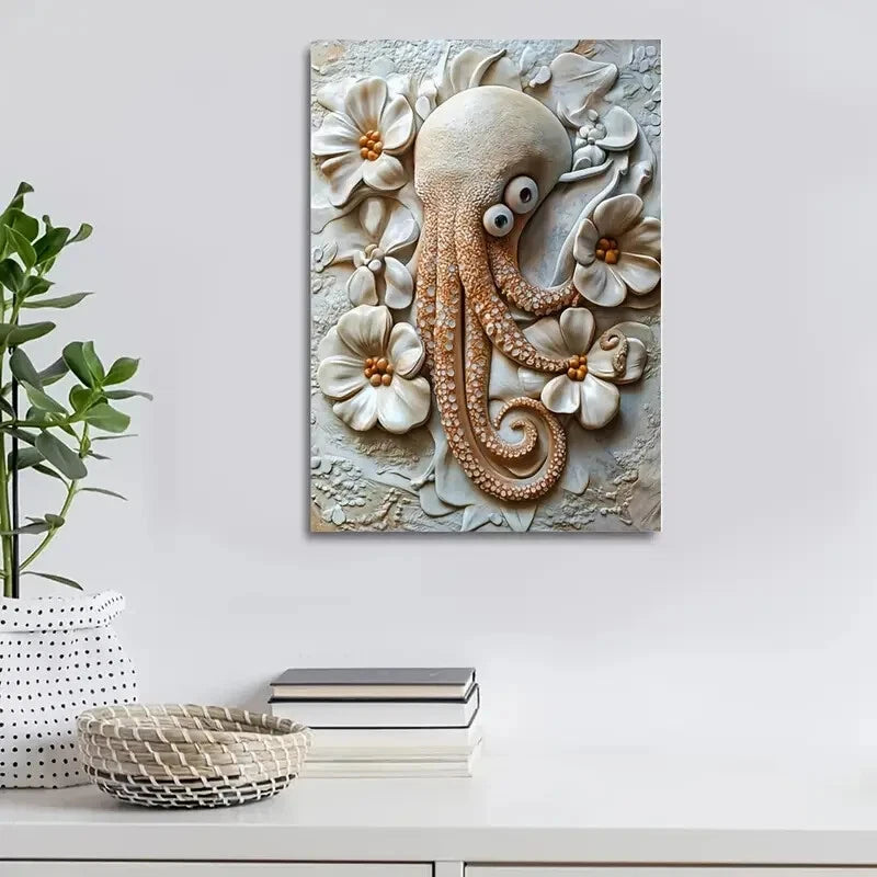 Cuttlefish Among Heart Shaped Flowers Painting 40x60cm Metal Print Ready to Hang - Bella Home Decor