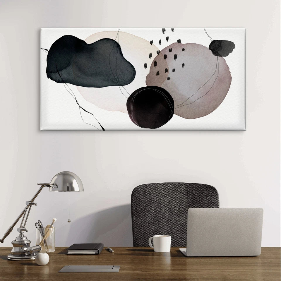 Modern Abstract Black and Neutral Wall Art Canvas Office Home Framed 120x60cm