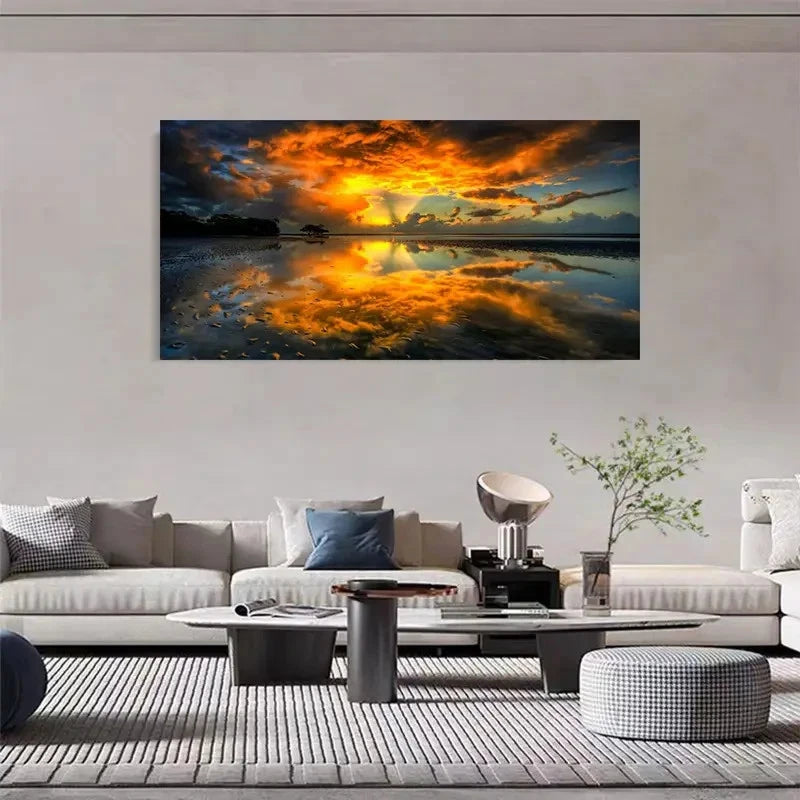 Sunset Mirror Lake Aesthetic Wall Art Canvas Office Home Room Framed 120x60cm - Bella Home Decor
