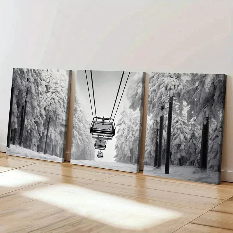 3pcs Ski Lift Black And White Winter Snow Forest Wall Art Set Canvas Framed 60x90cm - High Quality Print 100% Australian Made Wall Canvas Ready to Hang - Bella Home Decor