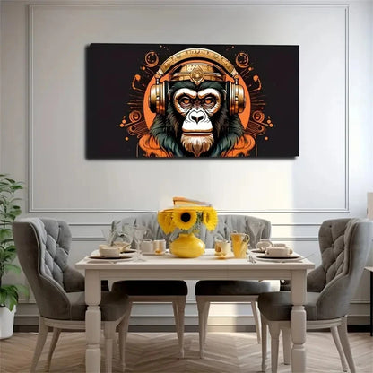 Gorilla With Headphones Vibrant Wall Art Canvas Office Home Room Framed 120x60cm