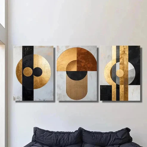 3pcs Golden Black Geometric Marble Texture Wall Art Canvas Unframed - High Quality Print 100% Australian Made Wall Canvas - Bella Home Decor