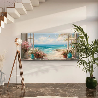 Potted Plants & Ocean View Wall Art Canvas Office Home Room Framed 120x60cm