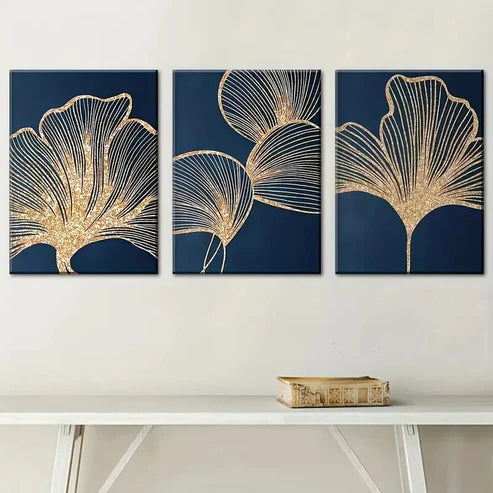 3pcs Elegant Golden Ginkgo Leaf on Navy Blue Wall Art Set Canvas Unframed - High Quality Print 100% Australian Made Wall Canvas