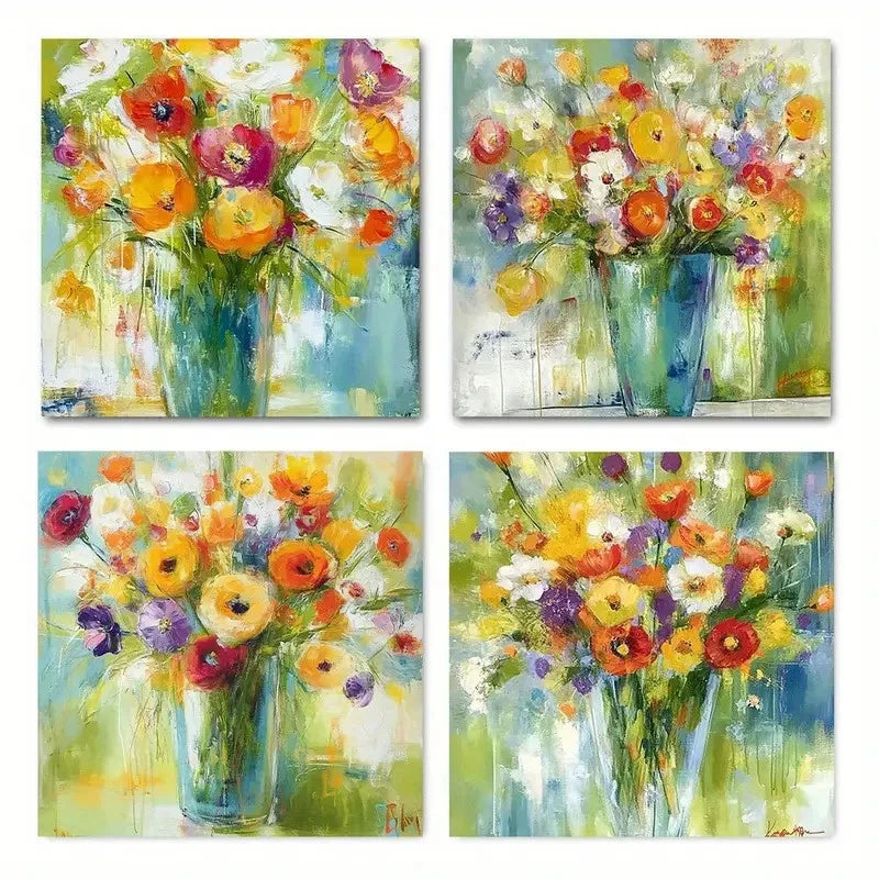 4pcs Colorful Bouquet Prints Wall Art Canvas Framed