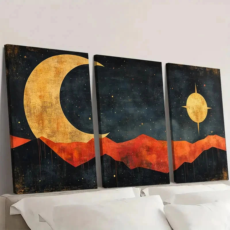 3pcs Crescent Moon & Star Design CM Wall Art Set Canvas Framed 40x60cm - High Quality Print 100% Australian Made Wall Canvas Ready to Hang - Bella Home Decor