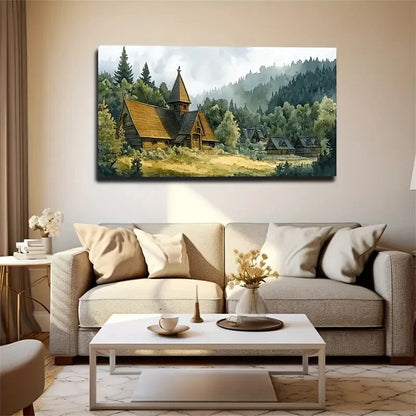 Wooden House In The Forest Wall Art Canvas Office Home Room Framed 120x60cm