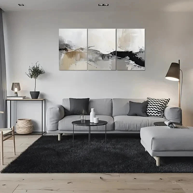 3pcs Abstract Beige Brown & White Metal Print Ready to Hang Art - Bella Home Decor